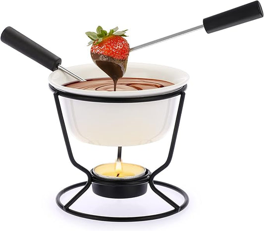 BSTKEY Ceramic Butter Warmer Set, Fondue Pot Melting Pot Set, Melt Hot Pot Round Bowl Set For Cheese Chocolate Butter Caramel, with 2 Dipping Forks