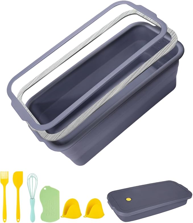 CHICHAUS Large size foldable silicone bread loaf pan with lid,11x4.7 Inch easy to store non stick Bread Baking Pans,Sourdough Bread Pan with Baking Tool Supplies Kit for Homemade Bread, Cake