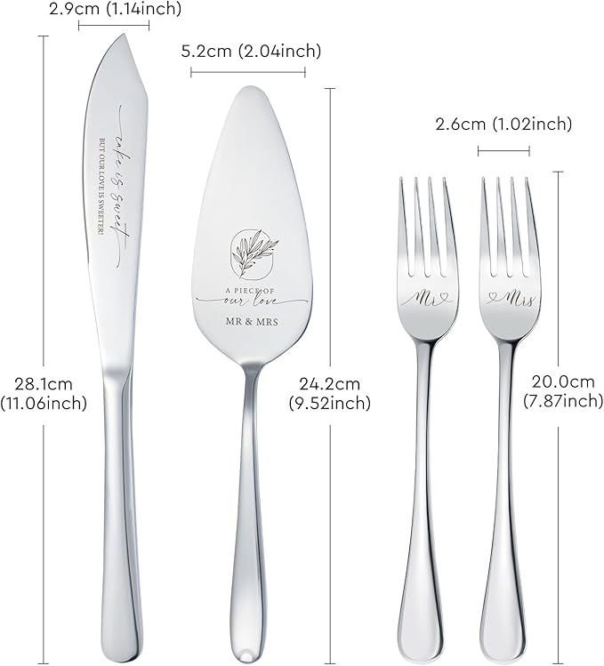 AW BRIDAL 4Pcs Wedding Cake Knife and Server set with Forks, Stainless Steel Engraved Cake Cutting and Pie Server Gifts for Bridal Shower Engagement, Silver
