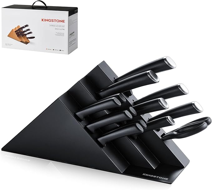 KINGSTONE 14-Piece Knife Block Set, Precision-Honed High-Carbon Stainless Steel Knives with Long-Lasting Sharpness, Ergonomic Balanced Handles for Home & Serious Cooks, Black