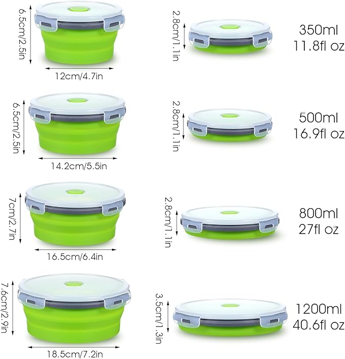 4 Pieces Collapsible Bowls for Camping, Foldable Silicone Collapsible Bowls with Lids, BPA-Free Microwave/Freezer/Dishwasher Safe Bowl, Green (12oz/16.9oz/27oz/40oz)