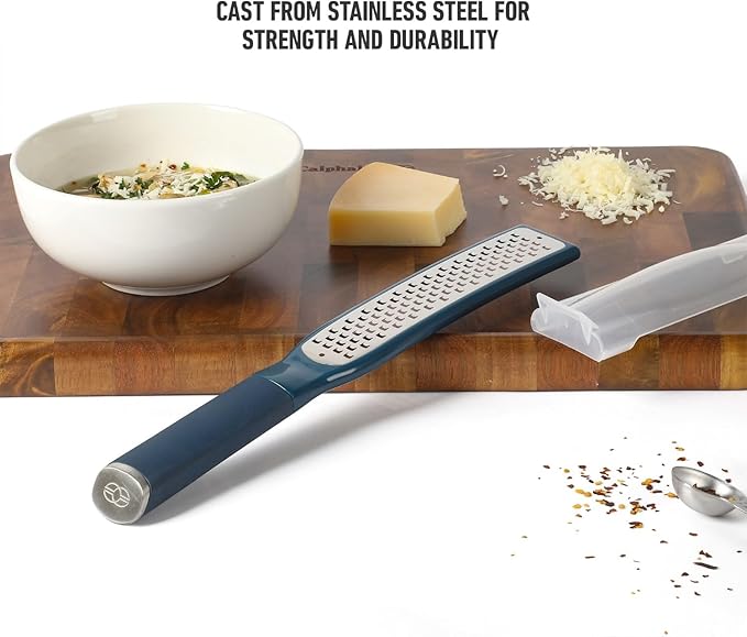 Calphalon Edge Stainless Steel Handheld Grater Lemon Zester W/Cover & Rubber Handle - Navy Blue