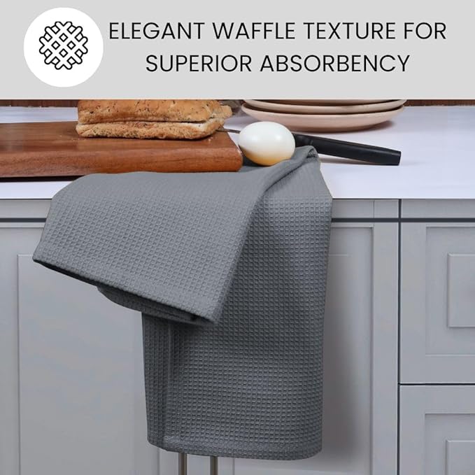 Waffle Kitchen Towels Large 16x26 inch 100% Cotton Set of 4 - Soft Absorbent Washable Tea Towel for Kitchen - Dish Cloths Quick Drying - 320 GSM Quality Dish Towel Grey