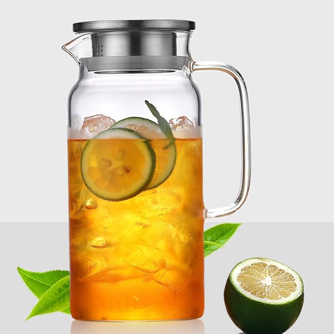 Large Capacity Teapot Glass Tea Maker Heat Bottles with Removable Stainless Steel Cover, Teapot for Loose Leaf and Blooming Tea and Fruit Tea (Pyramid 1800ml)