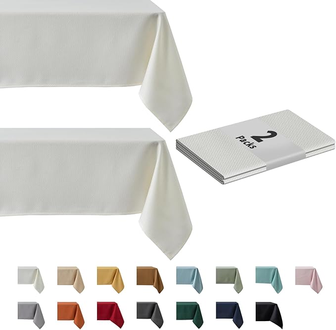 maxmill 2 Pack Rectangle 52 x 70 Inch Ivory Textured Tablecloth Waterproof Spillproof Wrinkle Free Table Cloth, Kitchen Dining Tabletop Decoration, Fabric Table Cover for Outdoor and Indoor Use