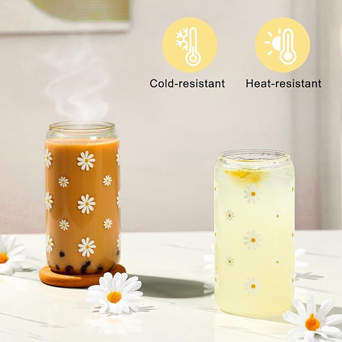 Cute Glass Cups with Lids and Straws, Teen Girl Birthday Gifts Daisy Iced Coffee Cup, Yellow Aesthetic Mug Tumbler for Birthday Mothers Day Christmas Valentines Coffee Lover 16oz