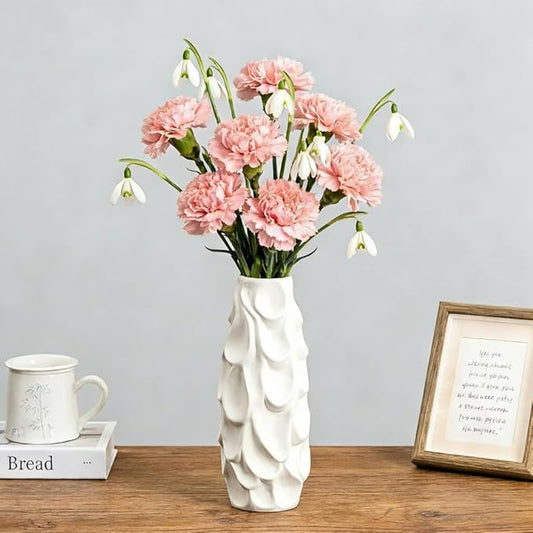 Scalloped Scale Vase - White Matte Ceramic with Textured Sculptural Design, 10.5" Unique Flower Vase for Pampas Grass/Centerpieces,Decorative Boho Vase for Living Room/Office,Ideal Gift for Art Lovers