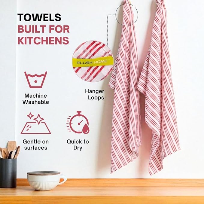 Kitchen Towel Set of 6-100% Cotton Quick-Drying & Absorbent Dish Cloths - 18x28 Inch Farmhouse Tea Towels with Maroon Stripes, Twill Weave