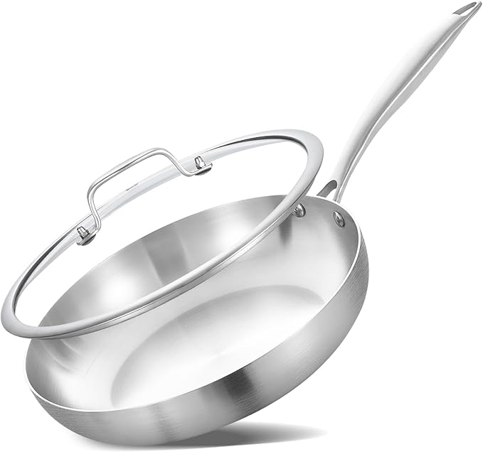 Inqibee 8.5 Inch Tri-Ply Stainless Steel Frying with Lid,Small Skillet,Induction Cooking Pan,Dishwasher and Oven Safe