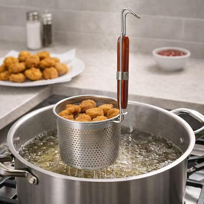2 Pcs Stainless Steel Pasta Basket with Wood Handle Pasta Strainer Kitchen Mesh Spider Noodle Strainer Skimmer Food Dumpling Noodle Blanching Basket