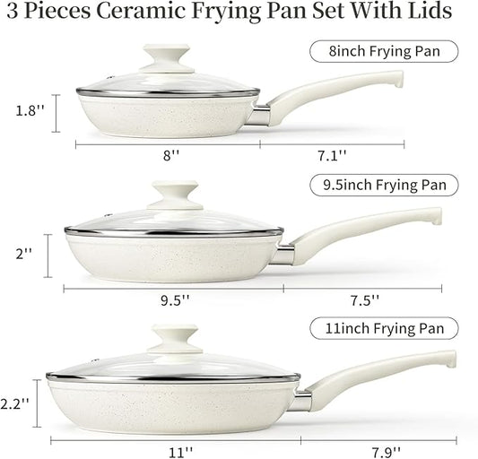 Ceramic Frying Pan Set with Lid - Non Stick Frying Pan with Lids, White Frying Pans Nonstick With Lid, Induction Skillet Set Egg Omelet Skillet Pan W/Lid, Healthy No Toxic Cookware Set, PFOA&PFAS Free