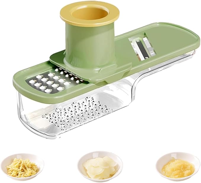 Multifunctional Garlic Grinder & Mandoline Slicer, 3-in-1 Mini Safe Garlic Slicer & Mandoline Slicer, Vegetable and Cheese Shredder, Stainless Steel Mandoline Cutter with Container (Green)