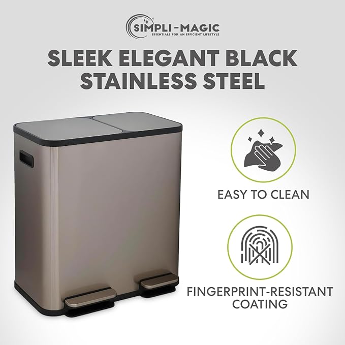 Simpli-Magic 70 Liter / 18.5 Gallon Rectangular Hands-Free Dual Compartment Recycling Kitchen Step Trash Can with Soft-Close Single Lid, Stainless Steel (40L x 30L Capacity) Rose Gold Finish