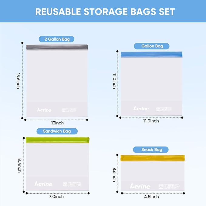 Lerine 6 Pack Reusable Gallon Freezer Bags Silicone Stand-Up Dishwasher Safe, BPA-Free Reusable Gallon Bags, Leakproof Food Storage Bags for Meat Vegetables Bread Travel (Gray)