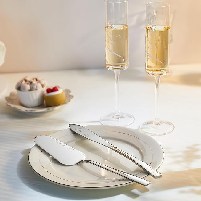 AW BRIDAL Engagement Bridal Shower Wedding Gifts for Newlywed Couples 2025, Anniversary Mr Mrs Champagne Flutes Toasting Glasses, Wedding Silver Cake Knife and Server Set with Gift Box for Bride Groom