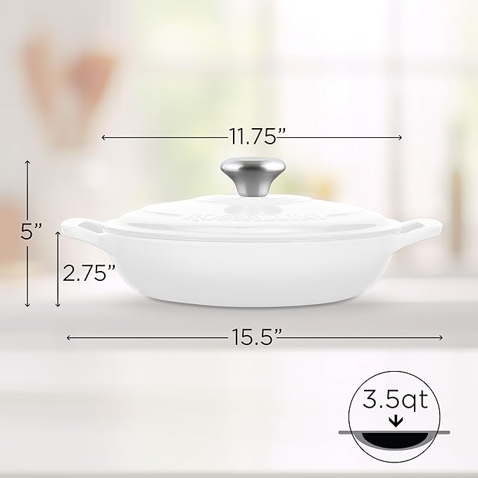 ROSSALLINI Signature Enameled Cast Iron Braiser, Non-Stick Serving Pot with Tight Fitting Lid for Perfect Roasting, Baking, Sauteing, Searing, and Pan Frying | 3.5Q (3.3L) - White