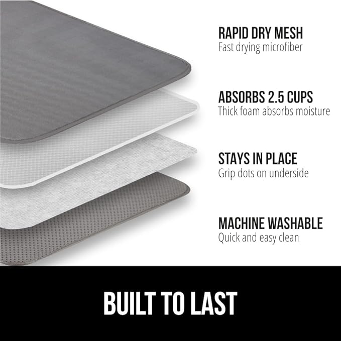 GORILLA GRIP Ultra Water Absorbent Microfiber Dish Drying Mat, Quick Dry Thick Mesh, Slip Resistant Pad for Sink Dishes or Under Rack, Kitchen Counter Accessories, 16x18, Machine Wash Mats, Gray