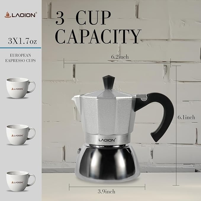 LAOION Stovetop Espresso Maker, 3Cup Moka Pot, Espresso Machine Compatible with Induction Cooktops, 150ml Stainless Steel & Aluminum Cuban Coffee Maker for Cafetera Cubana, Silver