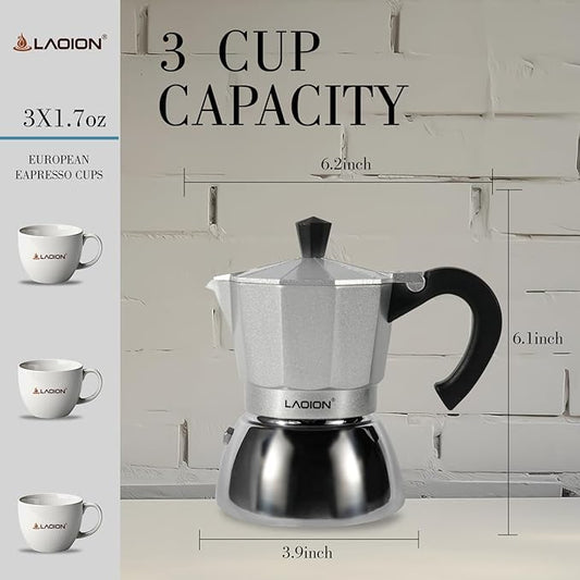 LAOION Stovetop Espresso Maker, 3Cup Moka Pot, Espresso Machine Compatible with Induction Cooktops, 150ml Stainless Steel & Aluminum Cuban Coffee Maker for Cafetera Cubana, Silver