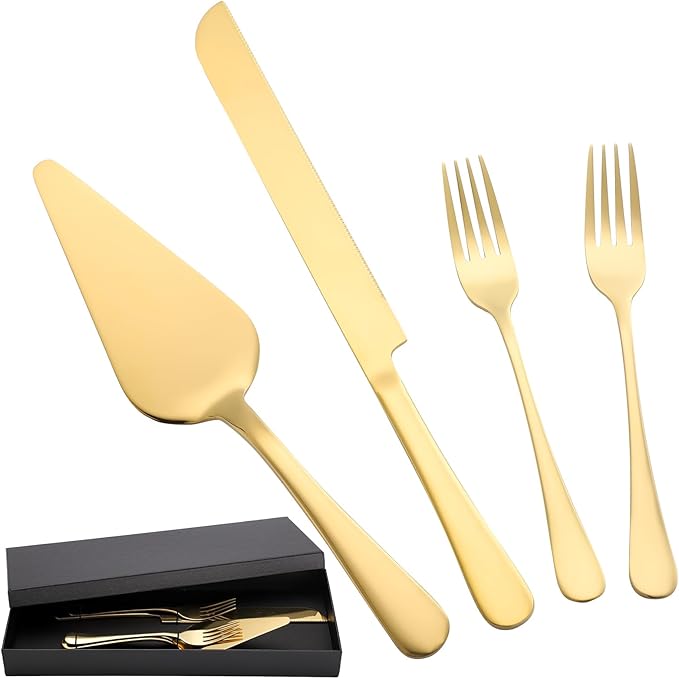 SUREAM Gold Cake Slicer 4PCS, 13 Inch Extended Wedding Cake Knife Stainless Steel, Pie Knife and Server for Wedding Birthday Anniversary Christmas Party and Event Gift