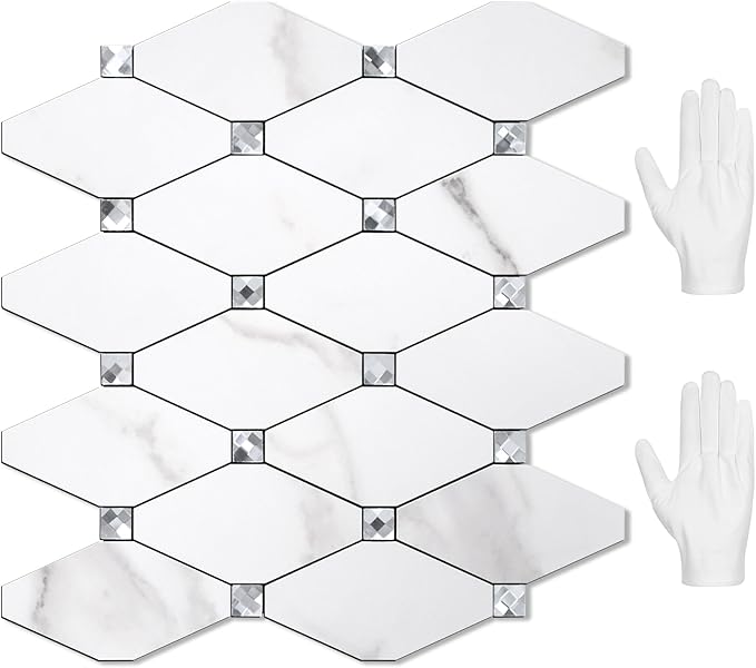 STICKGOO 10 Sheets Peel and Stick Backsplash, Calacatta Stick on Aluminum Composite Tiles Stikers, Self Adhesive Mixed Glass Backsplash for Kitchen, Bathroom, Fireplace, RV