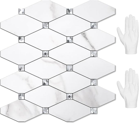 STICKGOO 10 Sheets Peel and Stick Backsplash, Calacatta Stick on Aluminum Composite Tiles Stikers, Self Adhesive Mixed Glass Backsplash for Kitchen, Bathroom, Fireplace, RV
