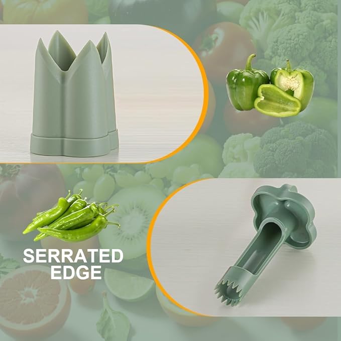 2 in 1 Pepper Seed Corer Remover, Quickly Cutting and Deseeding Bell Pepper Corer Tool for Kitchen (Green, 2Pcs)
