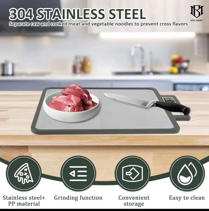 Double sided Stainless Steel Cutting Board with knife sharpner, Stainless steel/wheat Straw pp Kitchen Chopping Board, Easy to Clean,juice grooves and Dishwasher Safe16"×11"