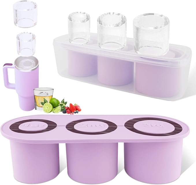 Fu Store Ice Cube Tray for Tumbler Cup 30-40 oz Tumbler 3pcs Silicone Ice Cube Molds With Lid and Bin for Chilling Cocktails Whiskey Drinks Juice Coffee Easy Fill and Release Ice Maker (Purple，40 oz)