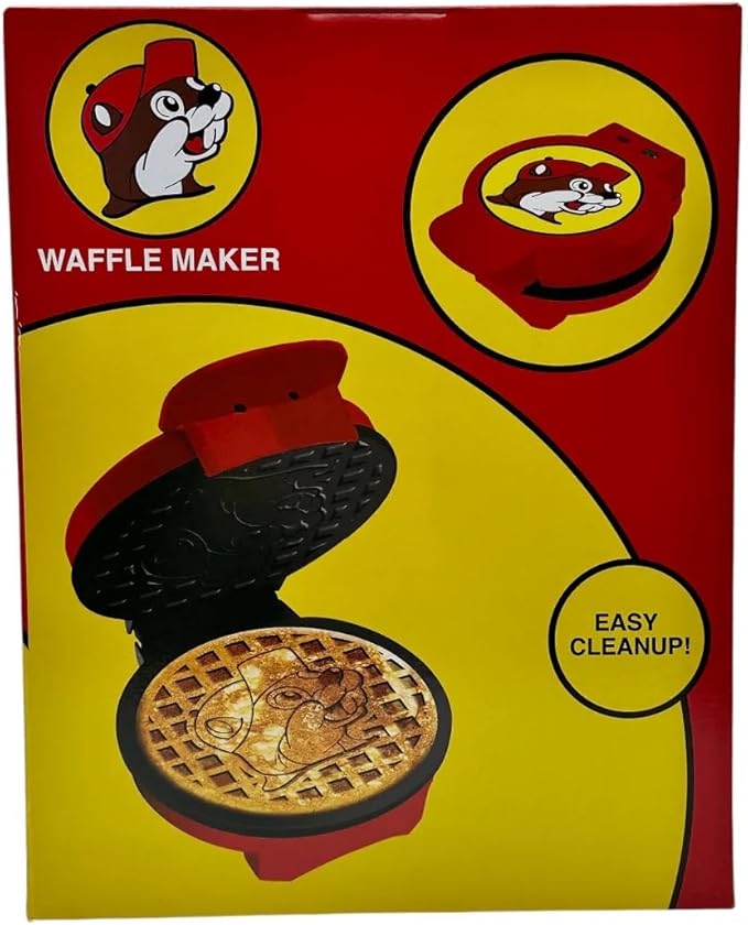 Buc-ee's Waffle Maker with Non-Stick Plates, Even Browning Technology, Cooking Indicator Light, Quick Clean Design, Red and Yellow