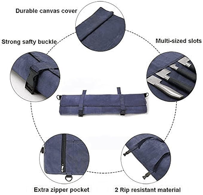 Chef’s Knife Roll Bag,Waxed Canvas Knife Cultery Carrier, Portable Chef Knife Cases,Knife Pouch Holders With 10 Slots Plus 1 Zipper Pockets Can Hold Home Kitchen Knife Tools Up To 18.8”