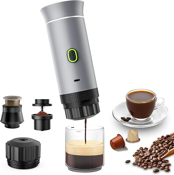 Lmozim Portable Coffee Maker, Espresso Machine for camping, Travel Coffee Maker with USB-C, 3-in-1 Small Espresso Machine with Ground Coffee & Capsules (NS＆DG) for RV, Hiking, Office(Silver)