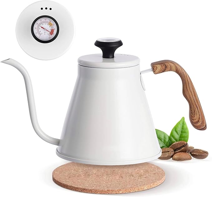 Gooseneck Kettle with Thermometer for Pour Over Coffee and Tea, 37 fl oz, Stainless Steel, Durable 3-Layer Base, Ideal Spout for Precision Pouring, Compatible with all Stove Tops (White)
