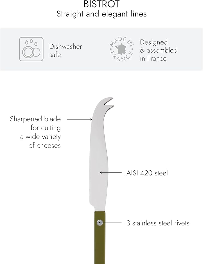 SABRE PARIS - Cheese Knife 9.4 inches - Bistrot Collection - All Cheeses - Stainless Steel & Nylon - Dishwasher Safe - Fern Green - Brilliant Finish