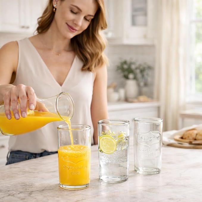 kitchentoolz Drinking Glasses Set of 6 - Yorkshire Tumbler 16 oz Glassware Cups for Cold Drinks, Iced Tea, Water, Cocktails - Classic Mason Jar Style