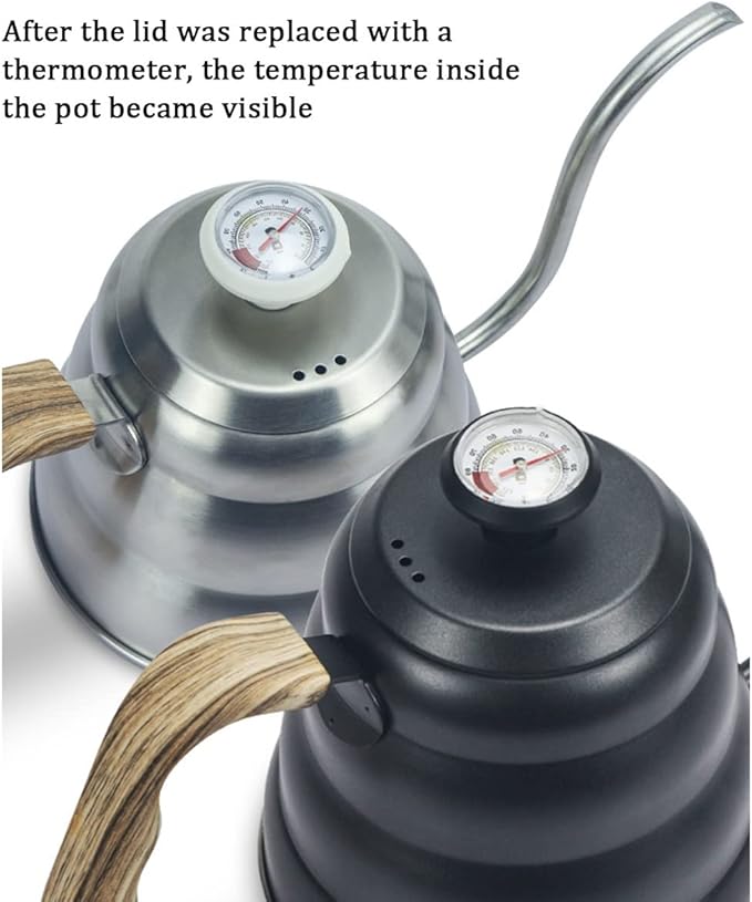 LEIYTFE Gooseneck Kettle,Coffee Pot Tea Pot,Pour Over Drip Kettle,Long Narrow Spout 33oz/40oz Coffee Kettle for Home Brewing Coffee Tea (Color : Silver, Size : 1L+Thermometer)