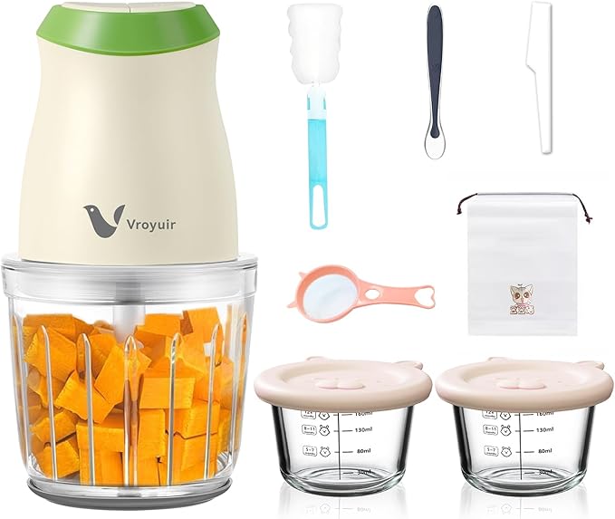 Vroyuir 600ML Food Processor & Baby Food Maker, 2 Speeds & 8 Blades Electric Food Chopper and Meat Grinder with Two 200ML Bowls - for Chopping, Dicing, Mixing, Pureeing Vegetables, Meat, Nuts