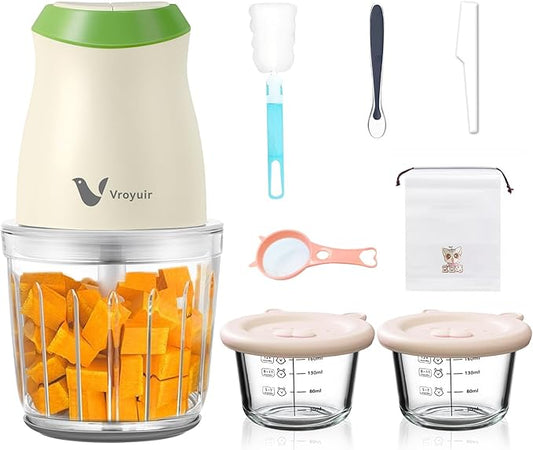 Vroyuir 600ML Food Processor & Baby Food Maker, 2 Speeds & 8 Blades Electric Food Chopper and Meat Grinder with Two 200ML Bowls - for Chopping, Dicing, Mixing, Pureeing Vegetables, Meat, Nuts