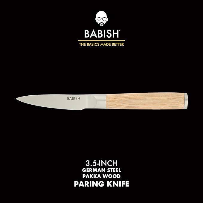 Babish 1.4116 German Stainless Steel Paring Knife with Light Pakka Wood Handle – 3.5-Inch Precision Kitchen Knife for Peeling, Trimming & Prep Work, Full-Tang Blade