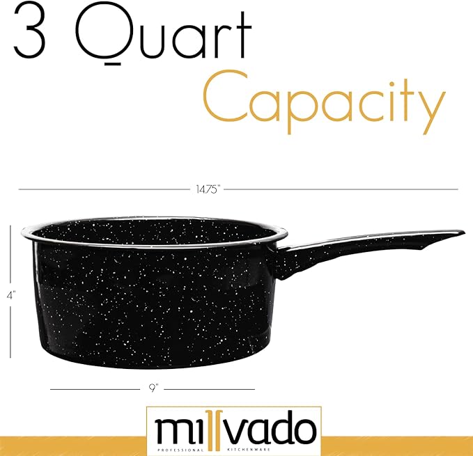 Millvado 3 Quart Granite Saucepan, Naturally Nonstick Sauce Pots, Speckled Enamel Ware Cookware, Small Sauce Pan for Cooking and Boiling - Granite Cooking Pot for Stovetop, Campfire, Outdoor Stove
