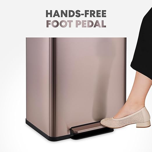 Simpli-Magic Infinity Edge 60 Liter / 16 Gallon Rectangular Hands-Free Extra Large Kitchen Step Trash Can, Soft-Close Single Lid Recycling Bin, Stainless Steel, Gold, 79681
