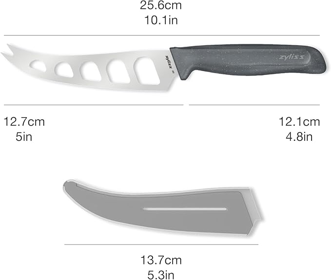 Zyliss Cheese Knife – Stainless Steel Blade with Non-Stick Holes & Forked Tip for Serving – Cuts Soft, Semi-Soft & Firm Cheeses – Wheat Straw Handle, Dishwasher Safe, 5-Year Guarantee – 5"