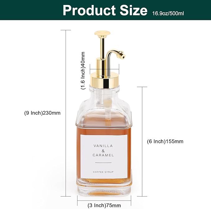 Coffee Syrup Dispenser for Coffee Bar, Clear Glass Syrup Bottles with Pump, Refillable Maple Syrup Storage, Coffee Station Accessories and Organizer, 500ml, Set of 2 (Gold)