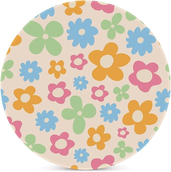 Floral Drink Coasters, Round Ceramic Drink Coaster Round-4PCS, Cartoon 70s Cute Flower Abstract Pastel Daisy Floral Decor Absorbent Ceramic Coasters for Beverage Cup, Bar, Coffee Table