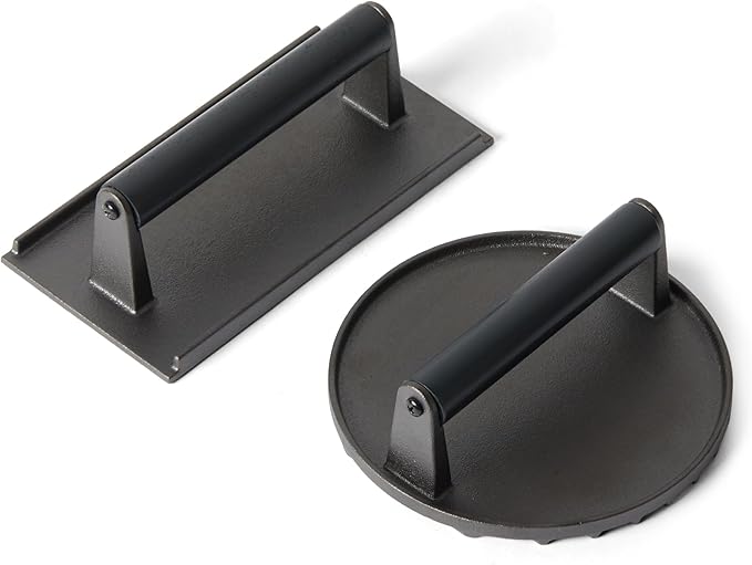 Amazon Basics Cast Iron Burger Press, 6.8 inch Round & 11.3 x 8.3 inch Rectangle, Black, 2pcs Set