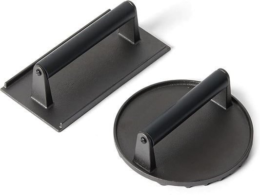 Amazon Basics Cast Iron Burger Press, 6.8 inch Round & 11.3 x 8.3 inch Rectangle, Black, 2pcs Set