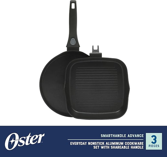 Oster SmartHandle 2-Piece Fry Pan & Pancake Pan Set – Nonstick Cookware with Removable Handle, Oven & Dishwasher Safe, Space-Saving Design