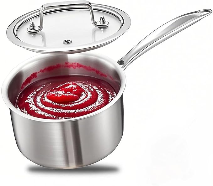 MOUTIUS 2.5 Quart Triple Stainless Steel Saucepan with Lid, Ramen Pot with Clear Glass Cover, Small Sauce Pan for Cooking Oatmeal, Induction-Ready, Dishwasher-Safe, Suitable for All Stoves