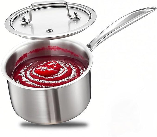 MOUTIUS 2.5 Quart Triple Stainless Steel Saucepan with Lid, Ramen Pot with Clear Glass Cover, Small Sauce Pan for Cooking Oatmeal, Induction-Ready, Dishwasher-Safe, Suitable for All Stoves