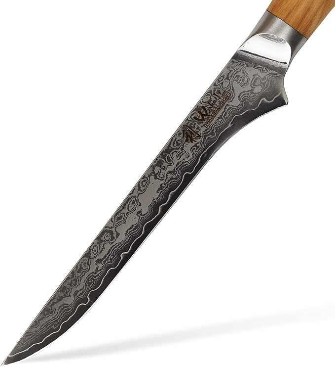 Wakoli Oribu Damascus Boning Knife – Full Tang Kitchen Knife | 5.5-Inch Blade Made of 67-Layer Genuine Damascus Steel with AUS-10 Core | Ergonomic Olive Wood Handle | Sharp & Durable